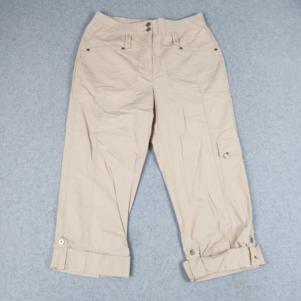 Laura Ashley Cargo Pants Women 6 Beige Cotton Cropped Utility Stretch Cuffed Hem
